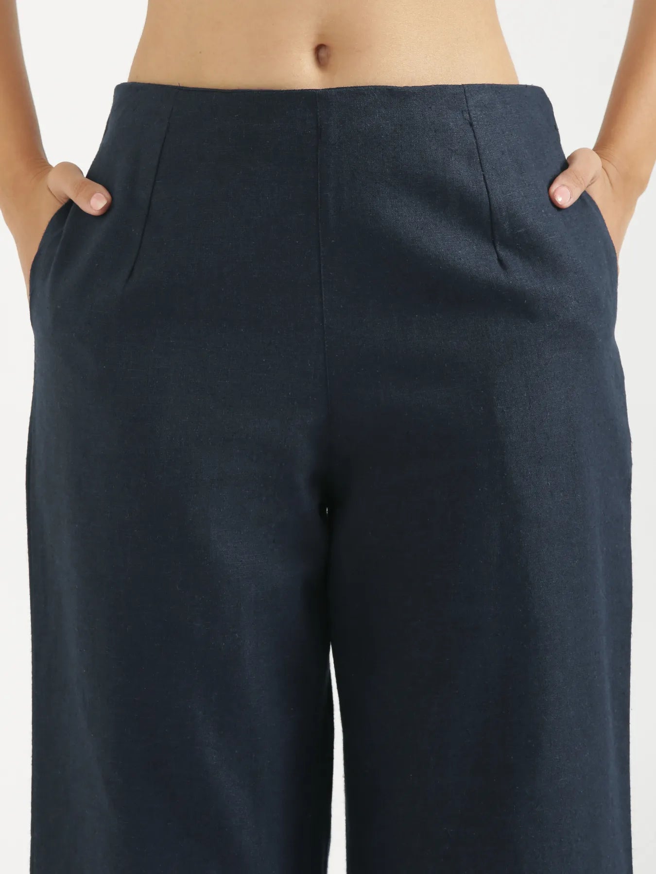 Women Navy Blue Linen Blend Wide Leg Pant