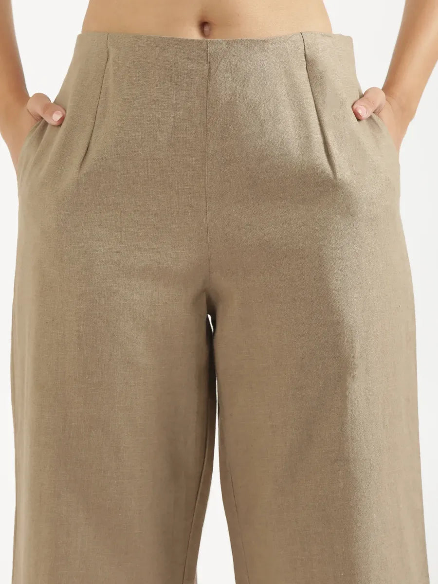Women Khakhi Linen Blend Wide Leg Pant & White Linen Blend Waist Coat