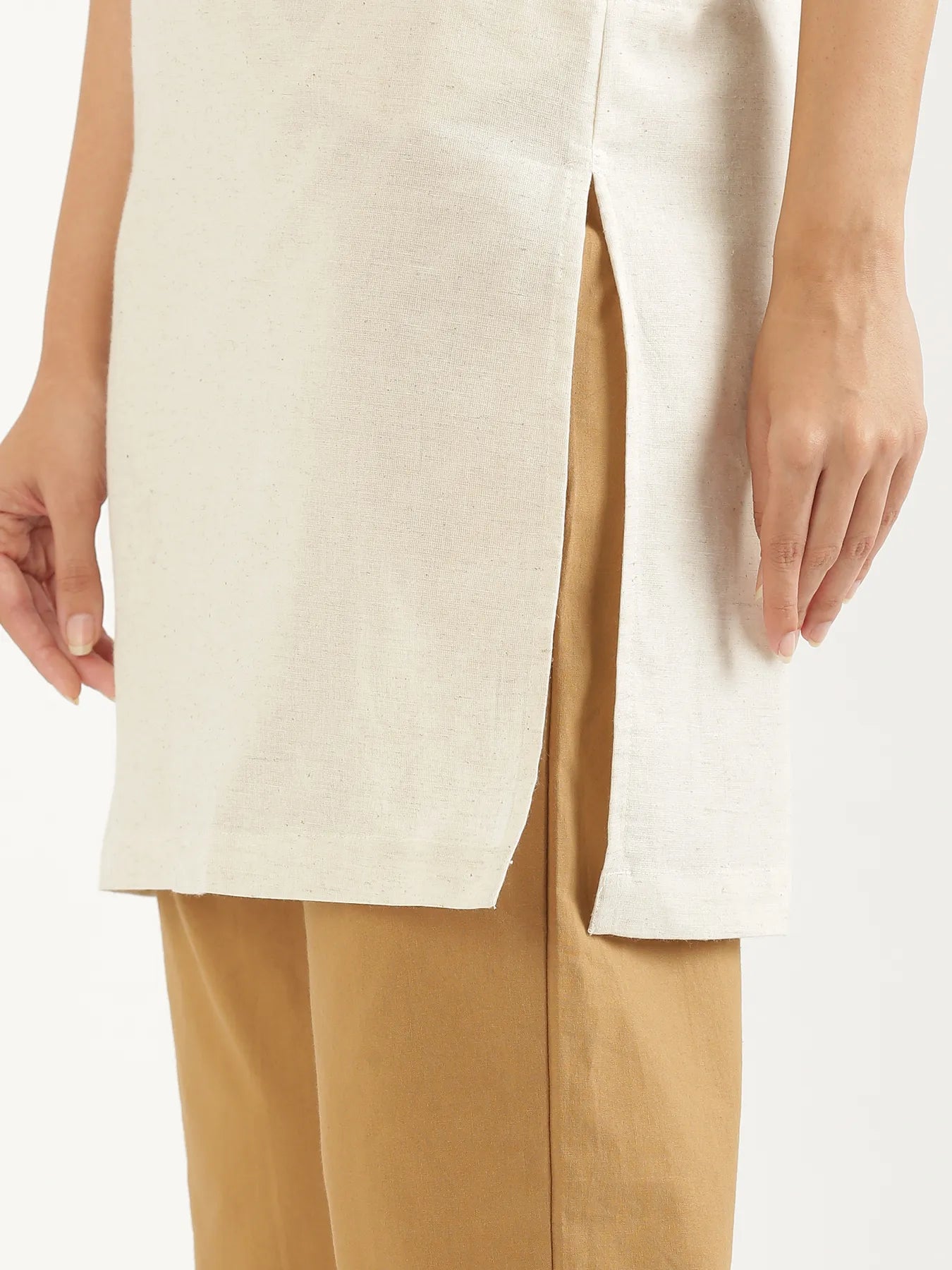 Women Ecru Airy Linen Mid Thigh Length Kurta