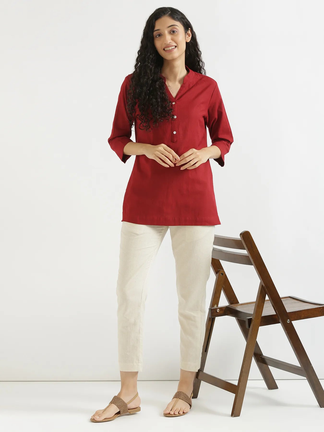 Women Maroon Airy Linen Short Kurta