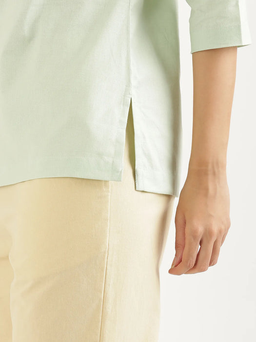 Women Mint Green Airy Linen Split Neck Short Kurta