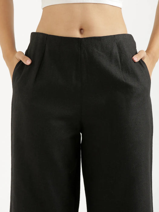 Women Black Linen Blend Wide Leg Pant
