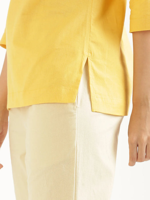 Women Yellow Airy Linen Split Neck Short Kurta