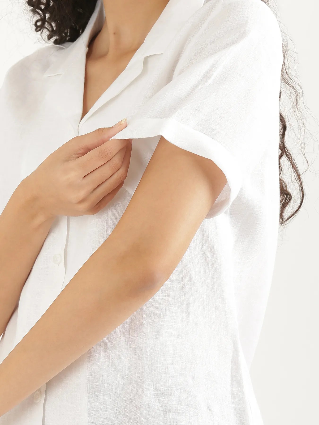 Women White Pure Linen Notch Collar Shirt