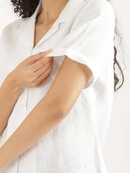 Women White Pure Linen Notch Collar Shirt