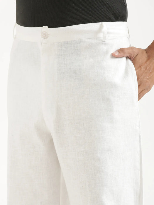 Men White Linen Blend Straight Pant