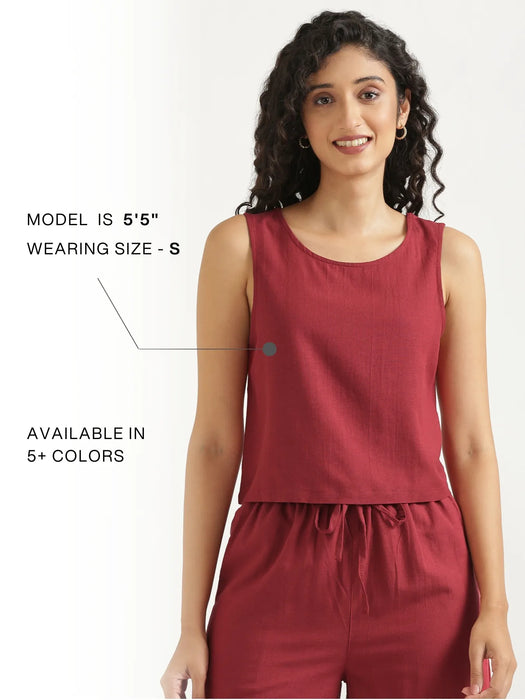 Women Maroon Flowy Linen Crop Top