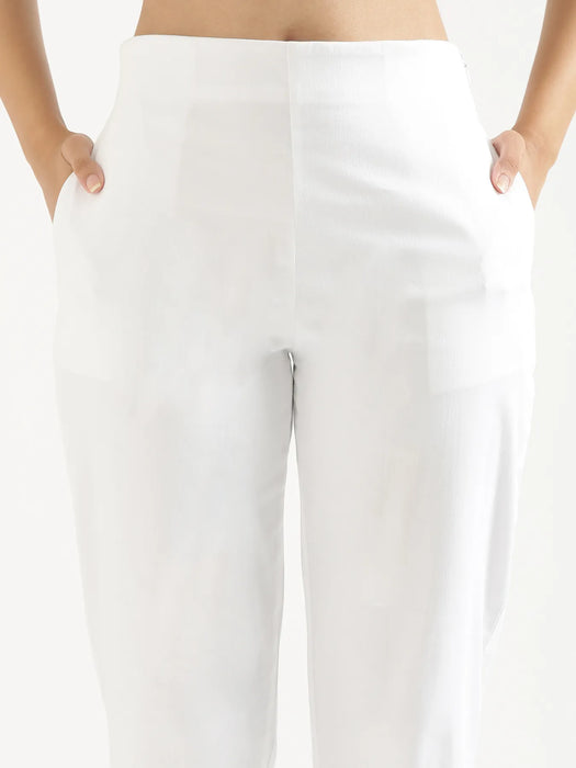 Women Olive Green & White Straight Fit Formal Pants