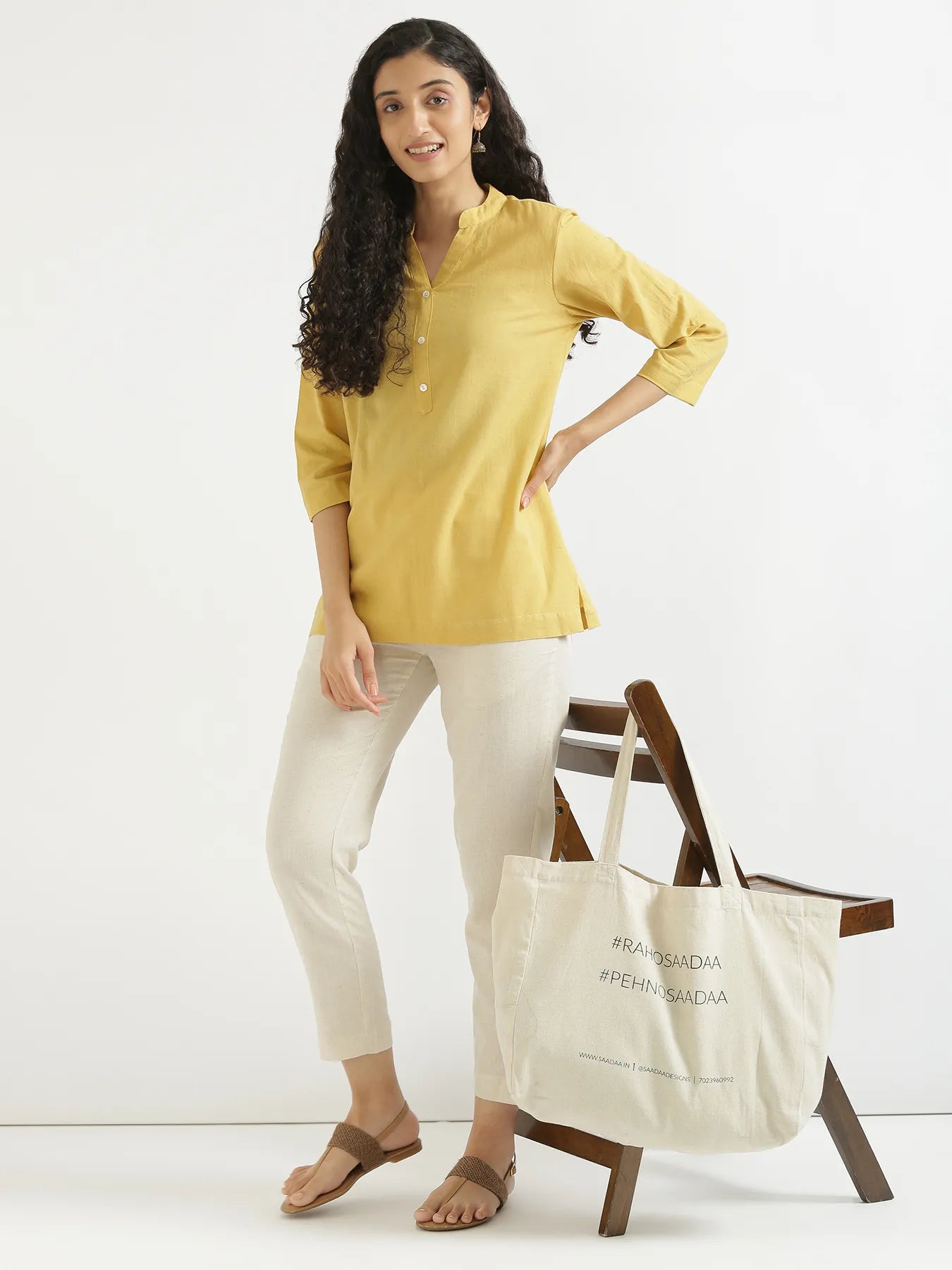 Women Yellow Airy Linen Short Kurta & Beige Cotton Pant Set