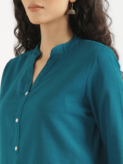 Women Turquoise Airy Linen Short Kurta