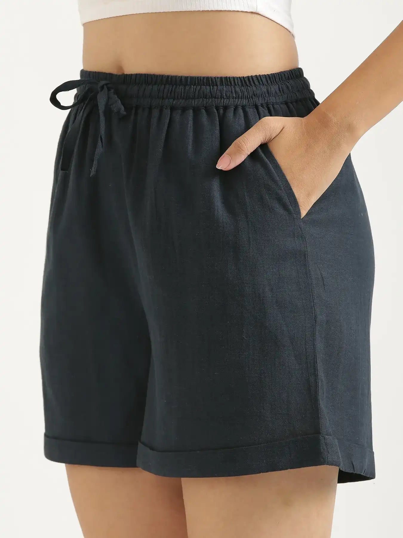Women Navy Blue Flowy Linen Shorts