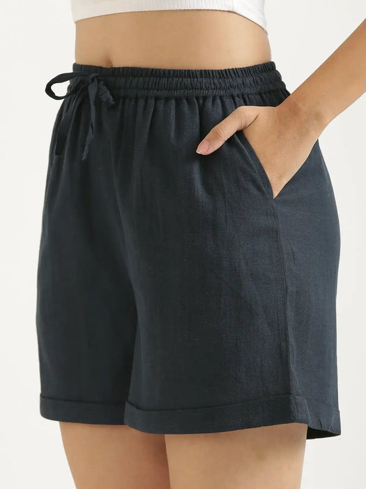 Women Navy Blue Flowy Linen Shorts