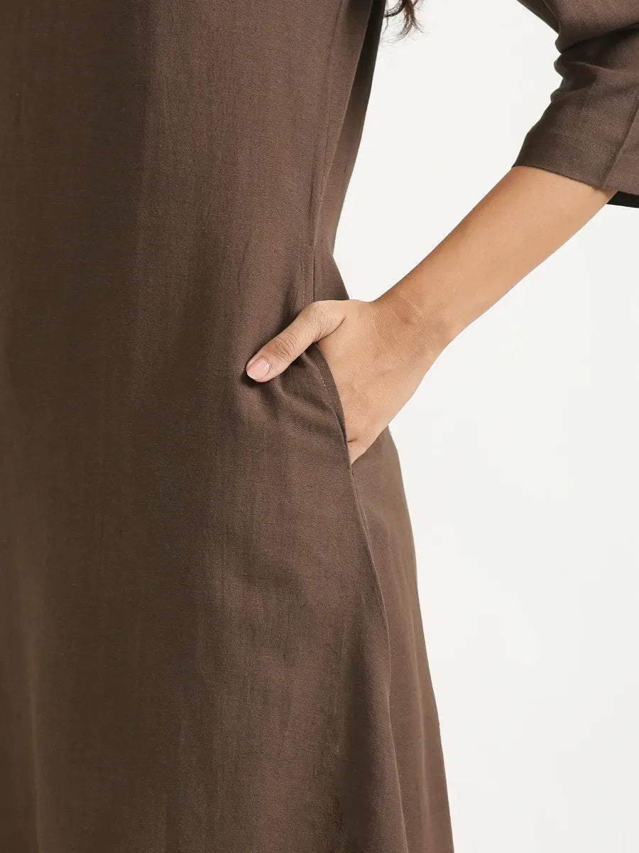 Women Dark Brown Flowy Linen A-Line Long Kurta