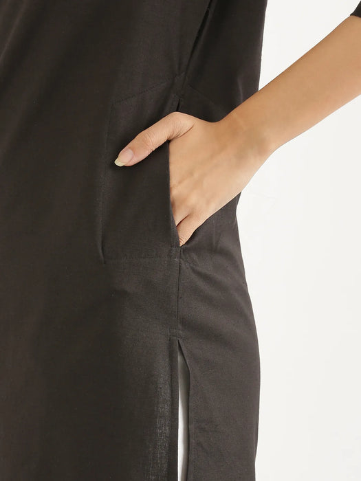 Women Black Airy Linen Mid Thigh Length Kurta