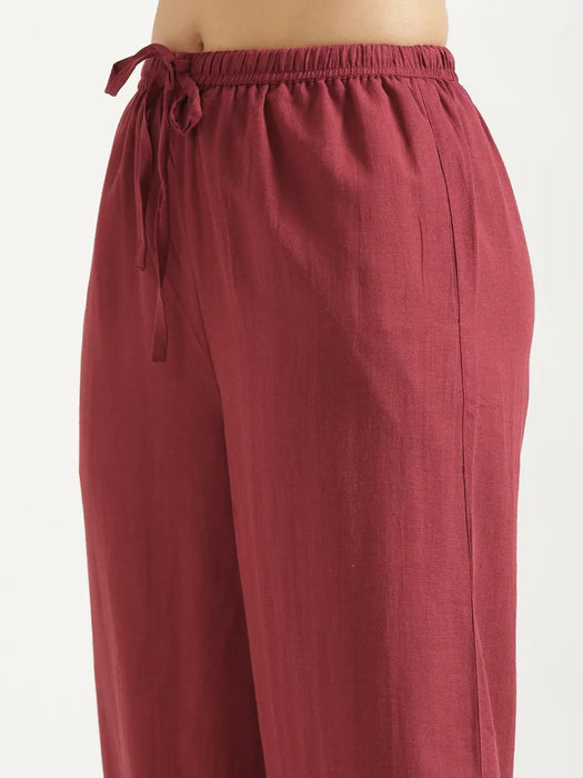 Women Maroon Flowy Linen Wide Leg Pants