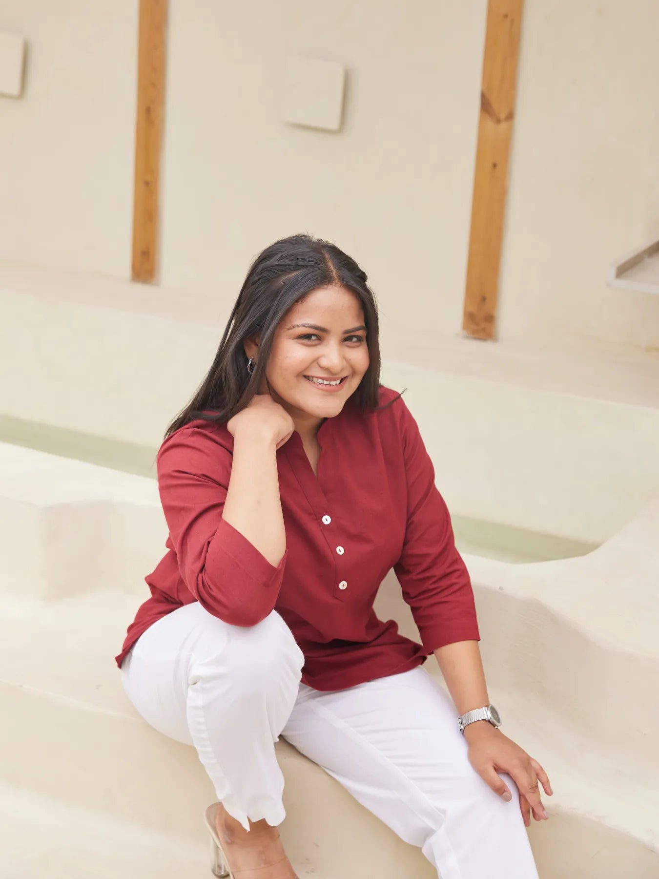 Maroon Short Kurta with White Cotton Pant