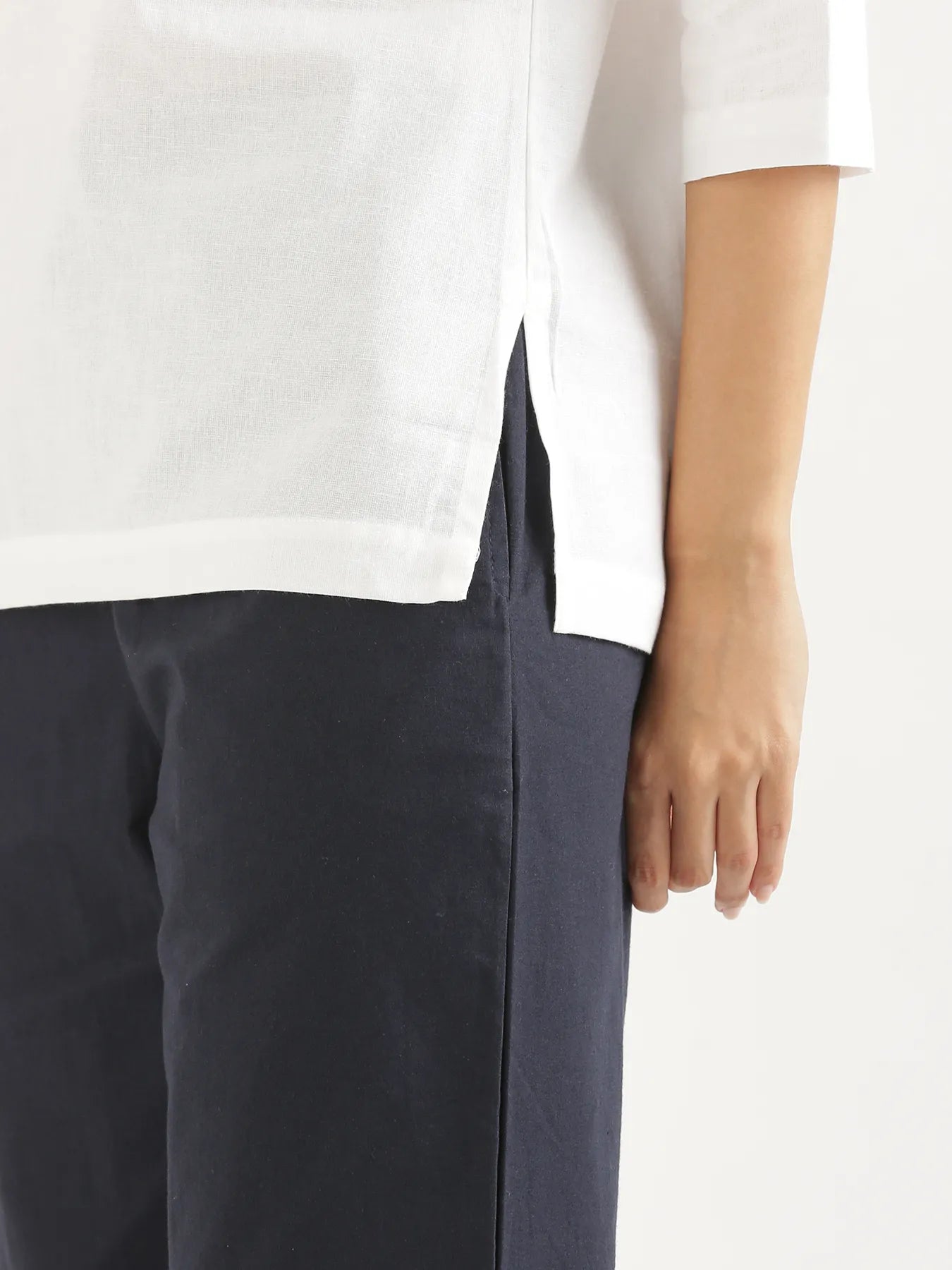 Women White Airy Linen Split Neck Short Kurta