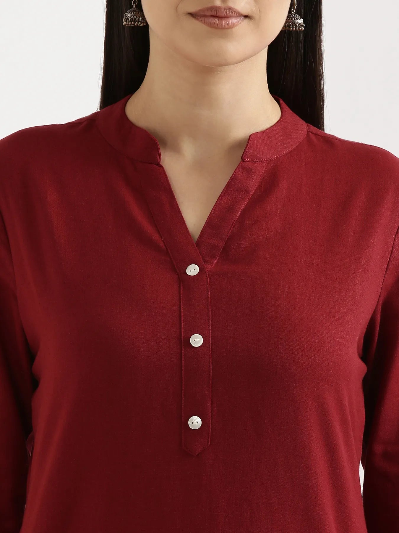 Women Maroon Airy Linen Long Kurta & White Viscose Palazzo Pant Set