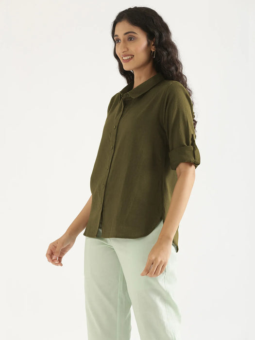 Women Olive Green Airy-Linen Shirt