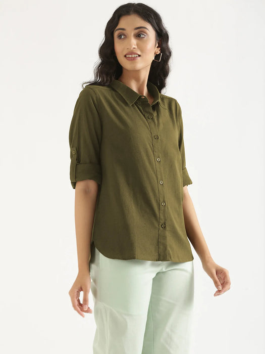 Women Olive Green Airy-Linen Shirt