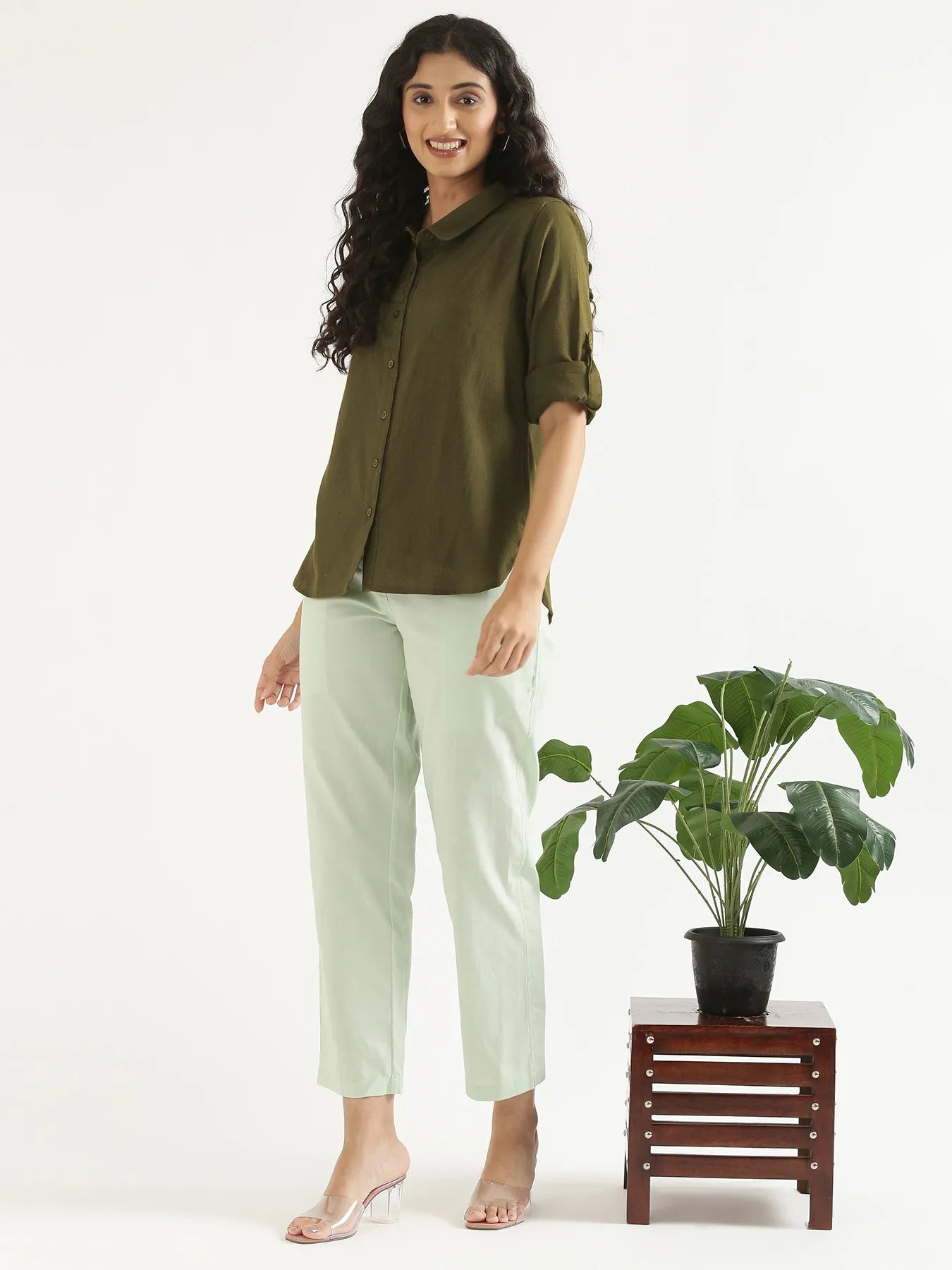 Women Olive Green Airy-Linen Shirt