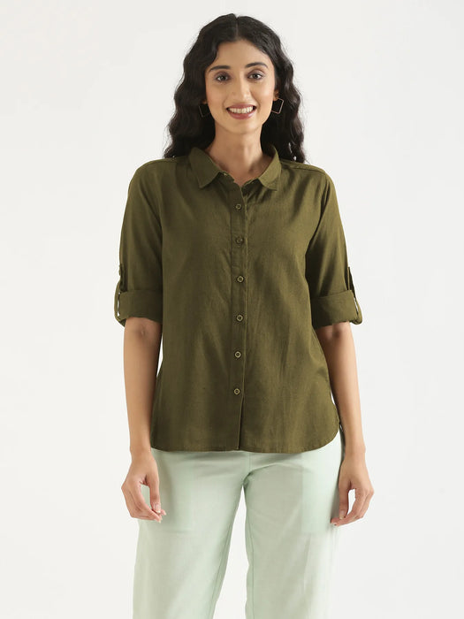 Women Olive Green Airy-Linen Shirt