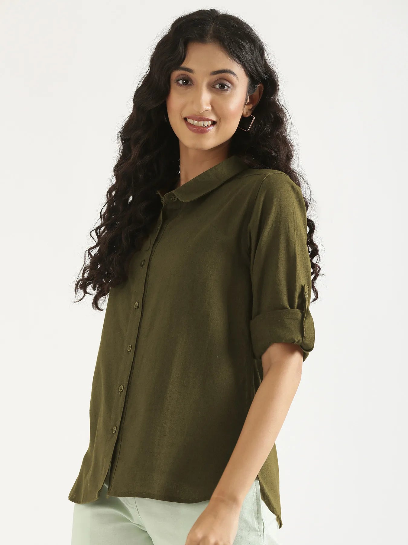 Women Olive Green Airy-Linen Shirt