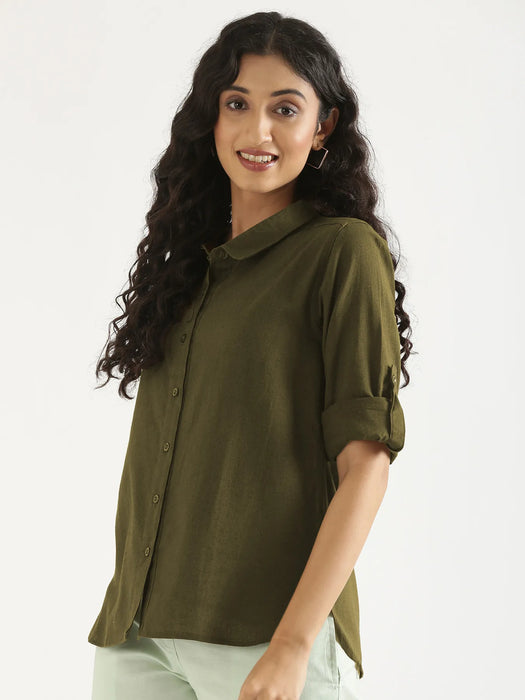Women Olive Green Airy-Linen Shirt