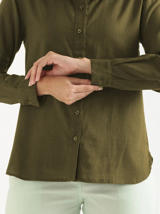 Women Olive Green Airy-Linen Shirt