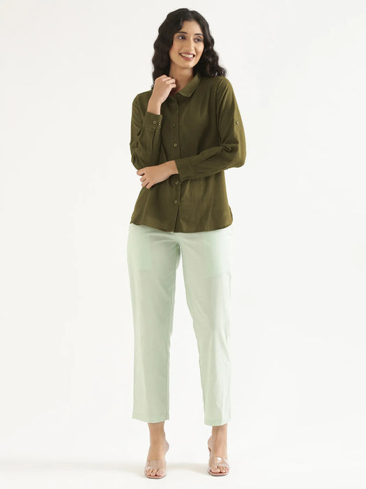 Women Olive Green Airy-Linen Shirt
