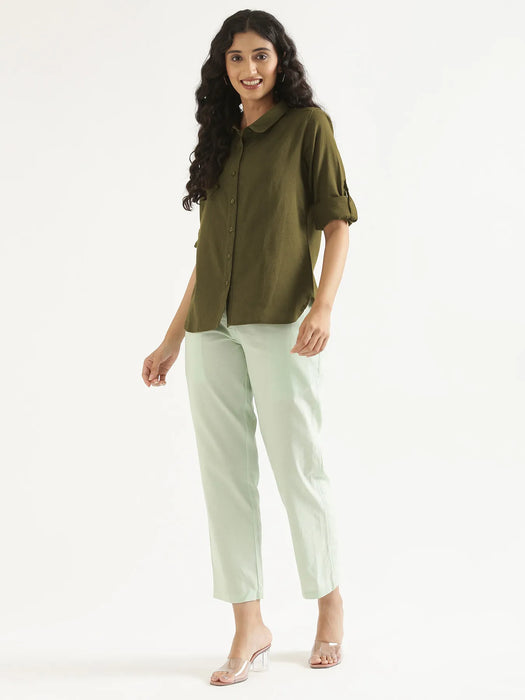 Women Olive Green Airy-Linen Shirt