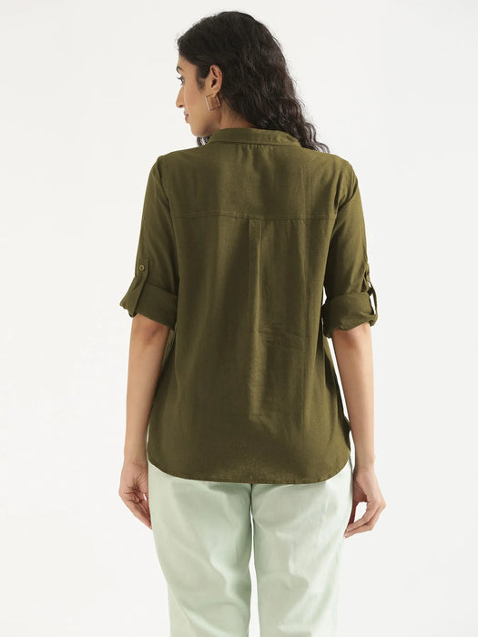Women Olive Green Airy-Linen Shirt