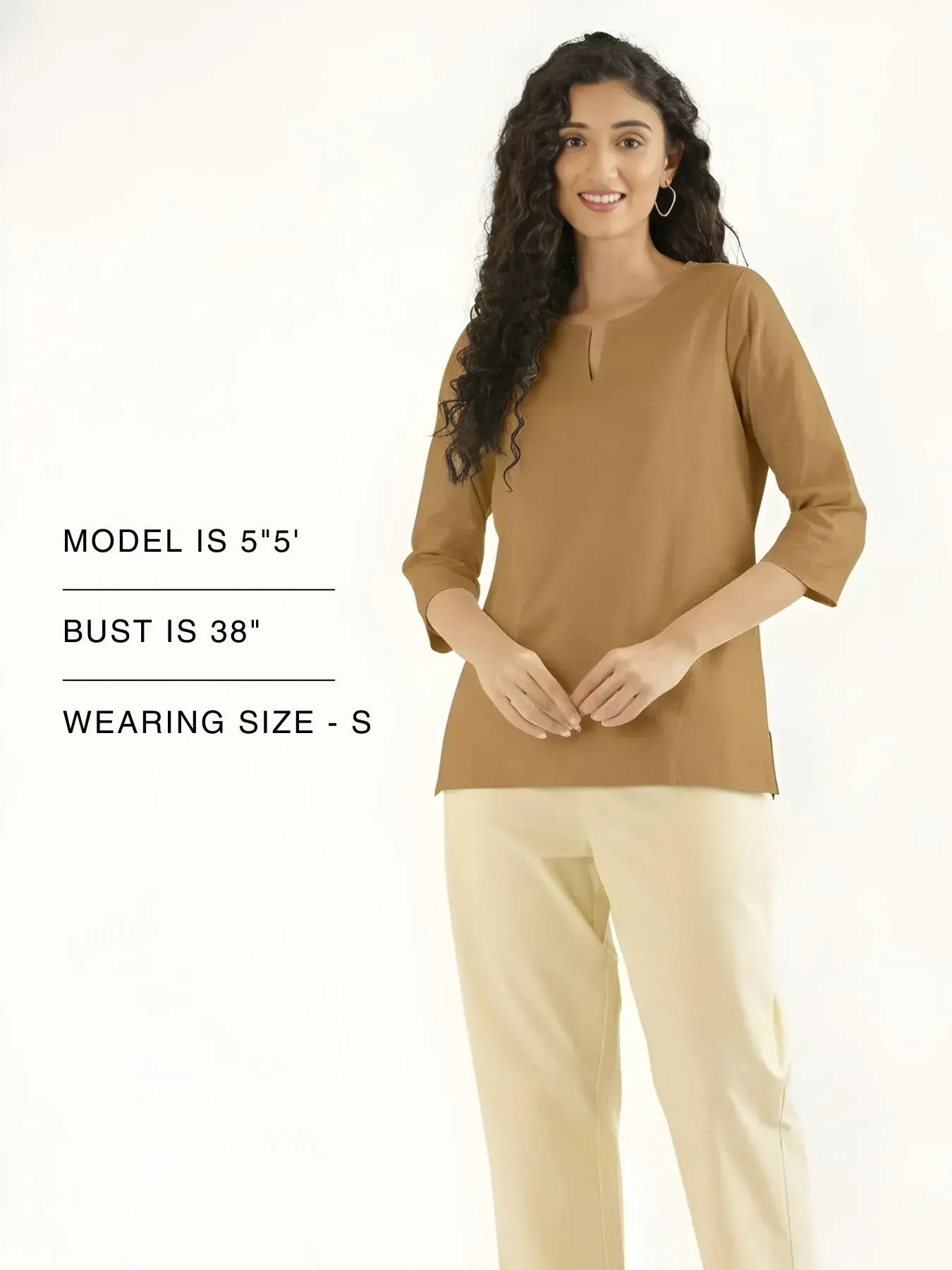 Women Coffee Brown Airy Linen Split Neck Short Kurta