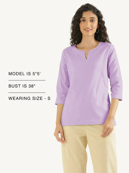 Women Lilac Airy Linen Split Neck Short Kurta