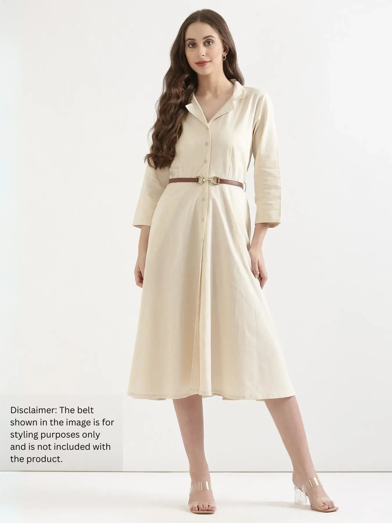 Women Ecru Airy Linen Flared Dress