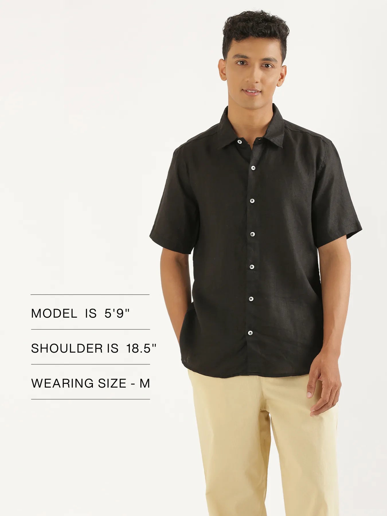 Men Black Pure Linen Short Sleeve Shirt