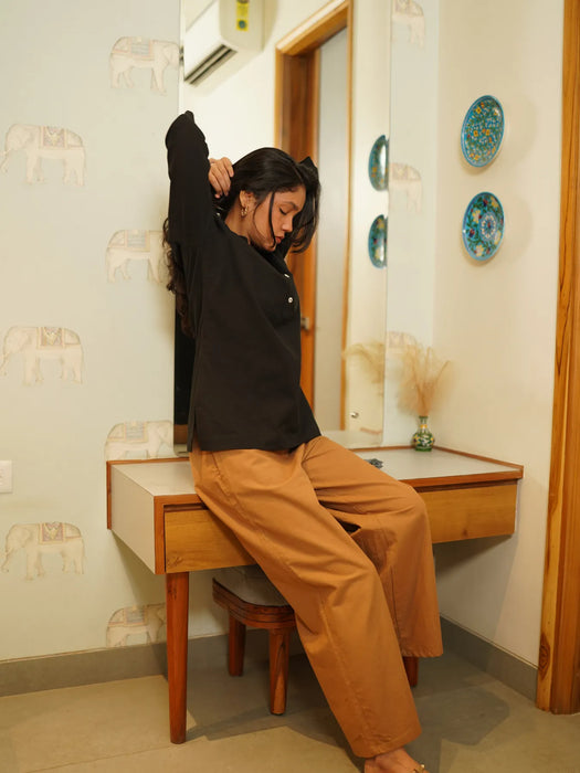 Women Coffee Brown Airy Linen Wide Leg Pant