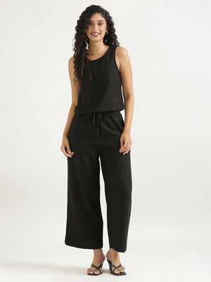 Women Black Flowy Linen Pant Set