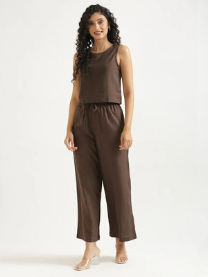 Women Dark Brown Flowy Linen Pant Set