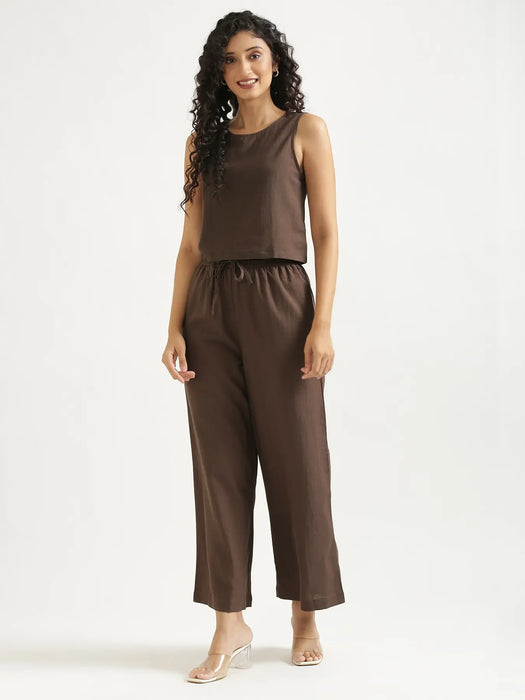 Women Dark Brown Flowy Linen Pant Set