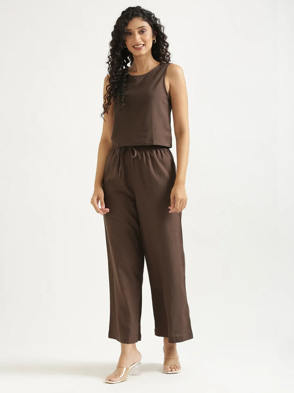 Women Dark Brown Flowy Linen Pant Set