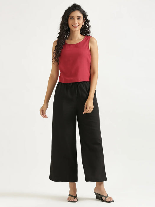Women Maroon Flowy Linen Crop Top
