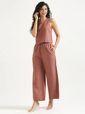 Women Rose Taupe Flowy Linen Pant Set