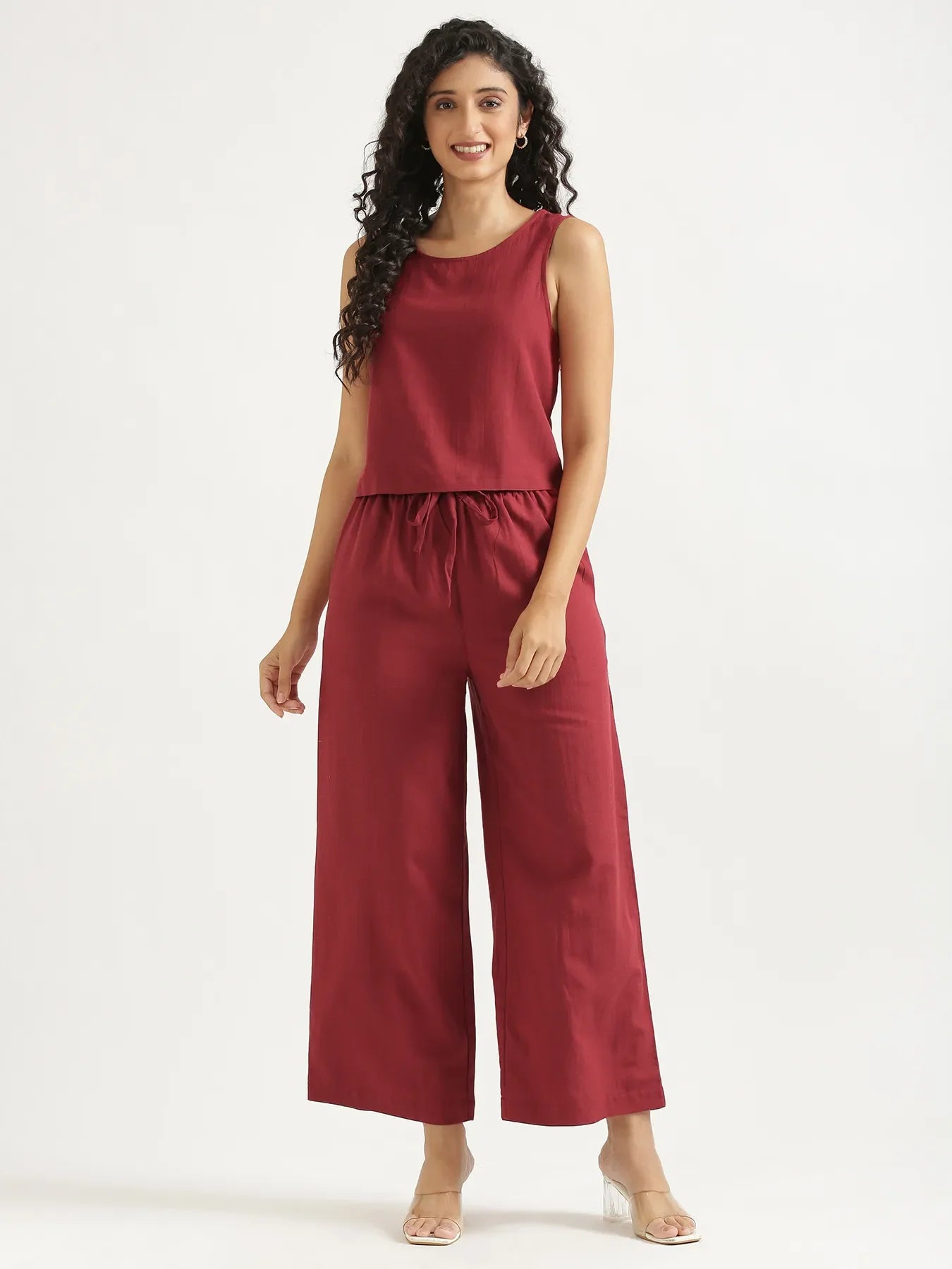 Women Maroon Flowy Linen Pant Set