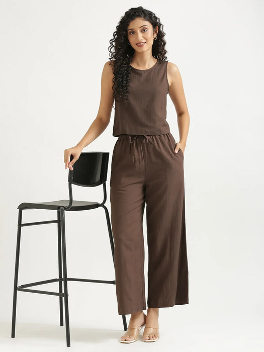 Women Dark Brown Flowy Linen Pant Set