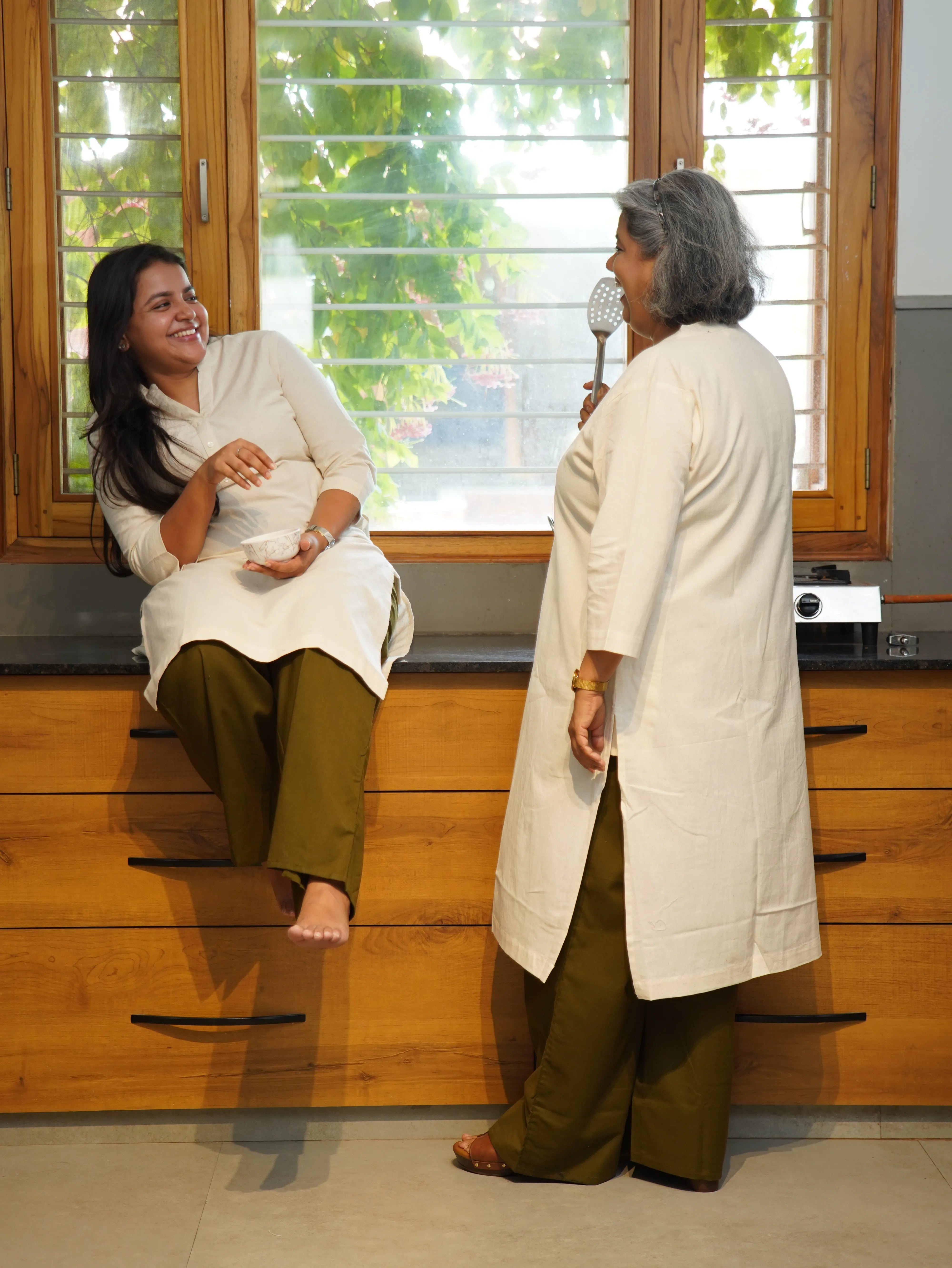 Ecru Airy Linen Long kurta with Olive Green Airy Linen Straight Pant