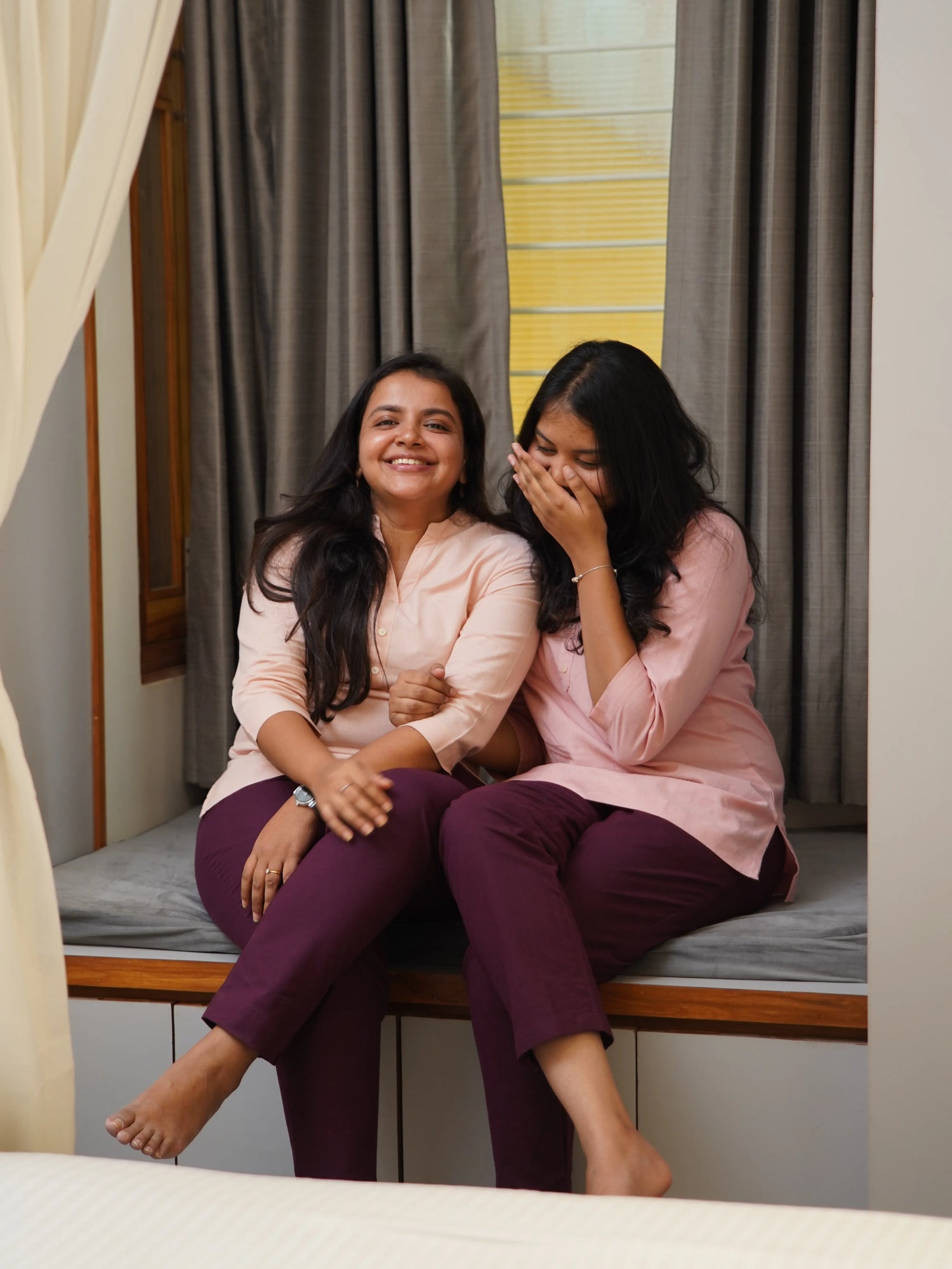 Salmon Pink Short Kurta & Wine Cotton Pant