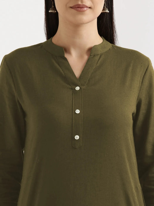 Women Olive Green Airy Linen Long Kurta