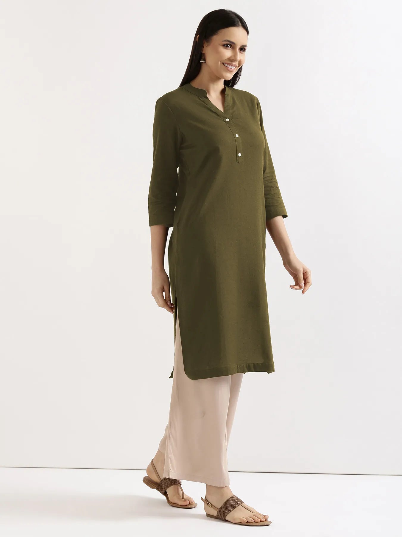 Women Olive Green Airy Linen Long Kurta