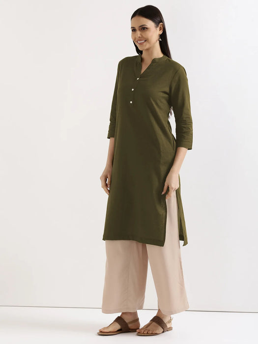 Women Olive Green Airy Linen Long Kurta